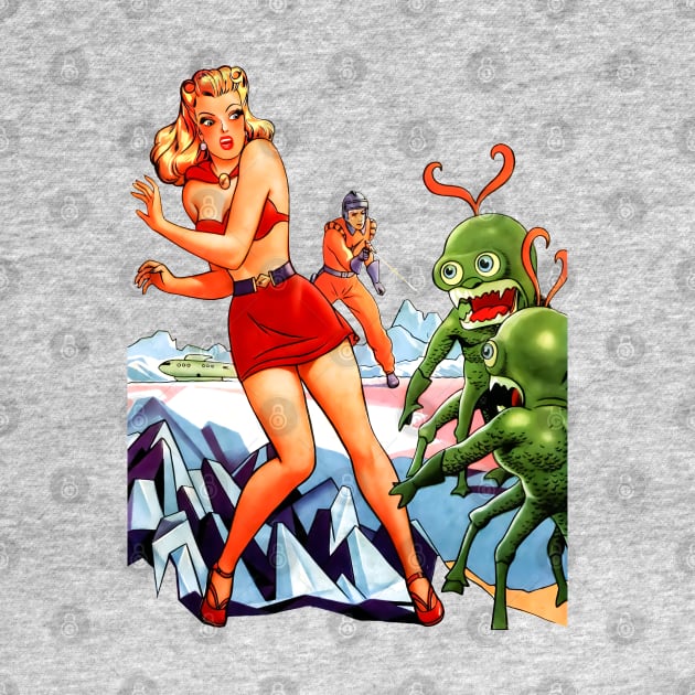 Retro Girl Pin Up Vintage Aliens Space Green Extraterrestrial Planet Rocket Spaceship Startling Comics Old Cartoon Blonde Woman by REVISTANGO